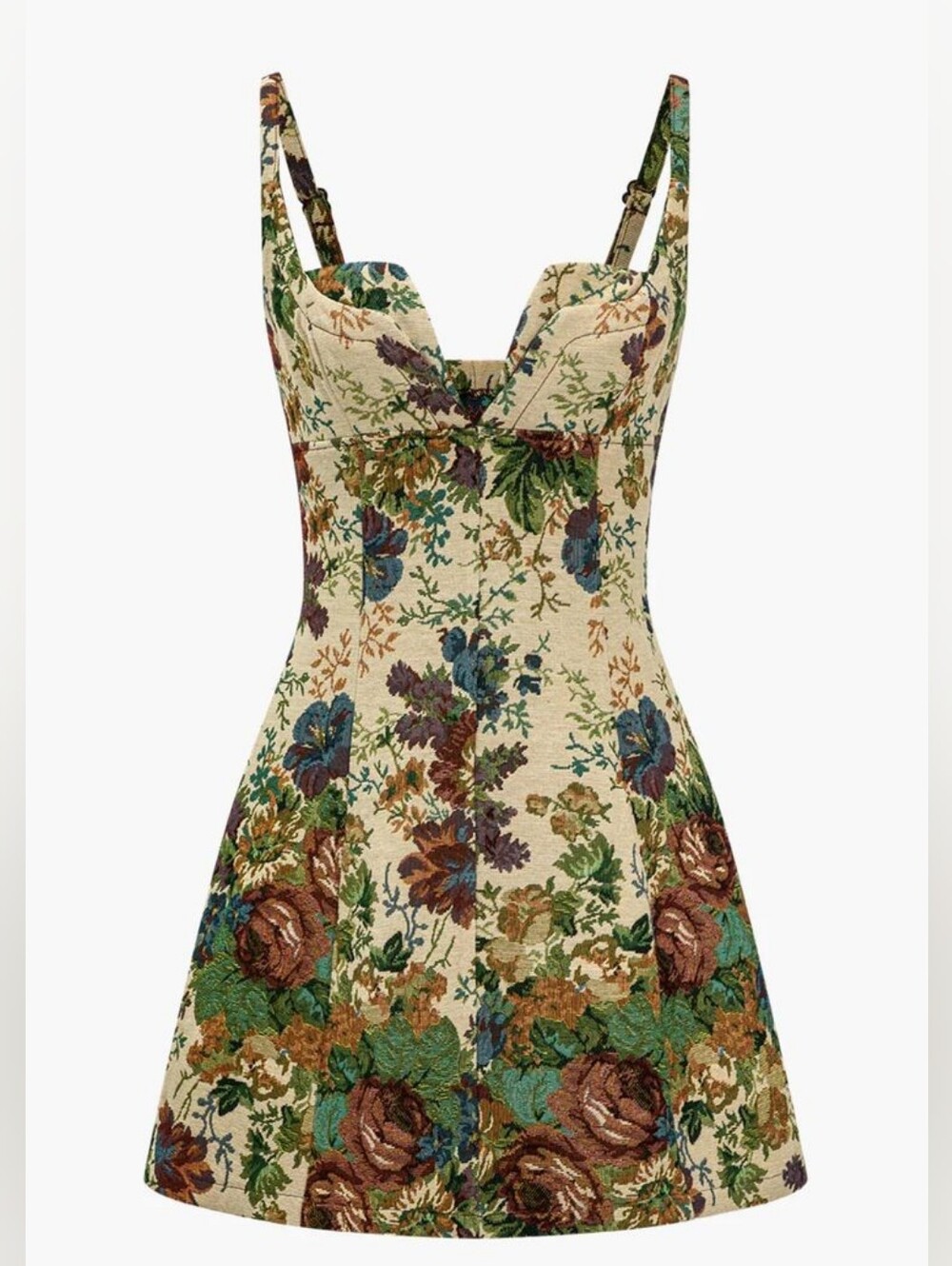 Floral Jacquard Mini Dress in Cream and Green
